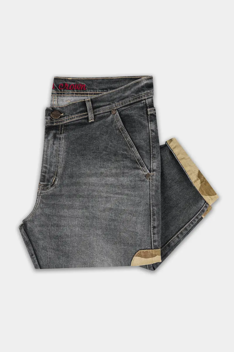 Gravel Gray With Designer Patch Work Whiskering Stretchable Denim 5