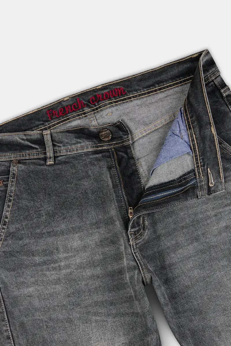 Gravel Gray With Designer Patch Work Whiskering Stretchable Denim 6