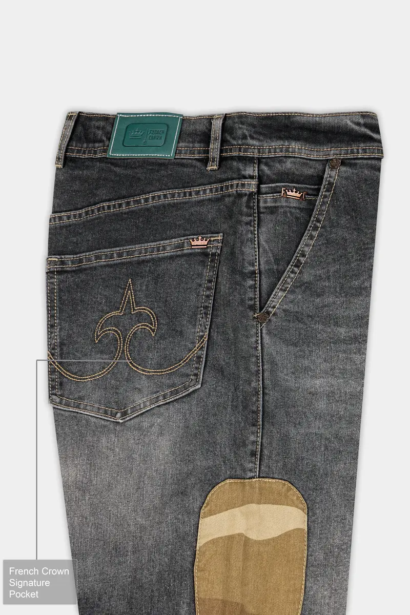 Gravel Gray With Designer Patch Work Whiskering Stretchable Denim 7