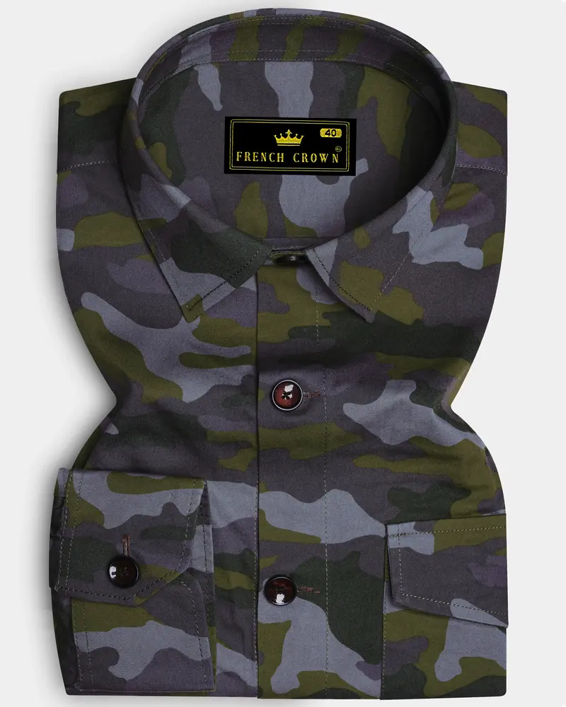 Gravel Gray With Hemlock Green Camouflage Printed Royal Oxford Designer Overshirt/Shacket 1