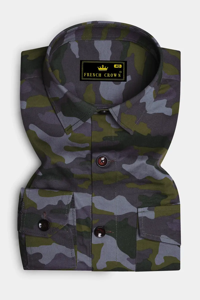 Gravel Gray With Hemlock Green Camouflage Printed Royal Oxford Designer Overshirt/Shacket 2