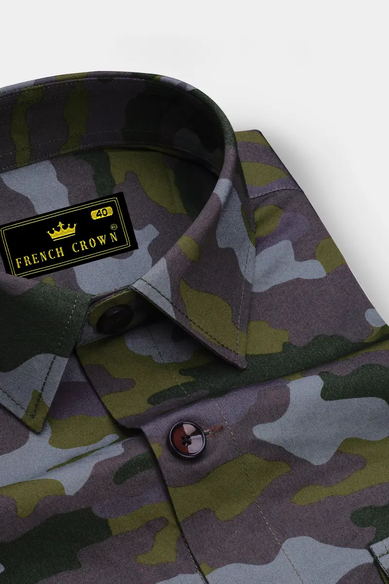 Gravel Gray With Hemlock Green Camouflage Printed Royal Oxford Designer Overshirt/Shacket 4