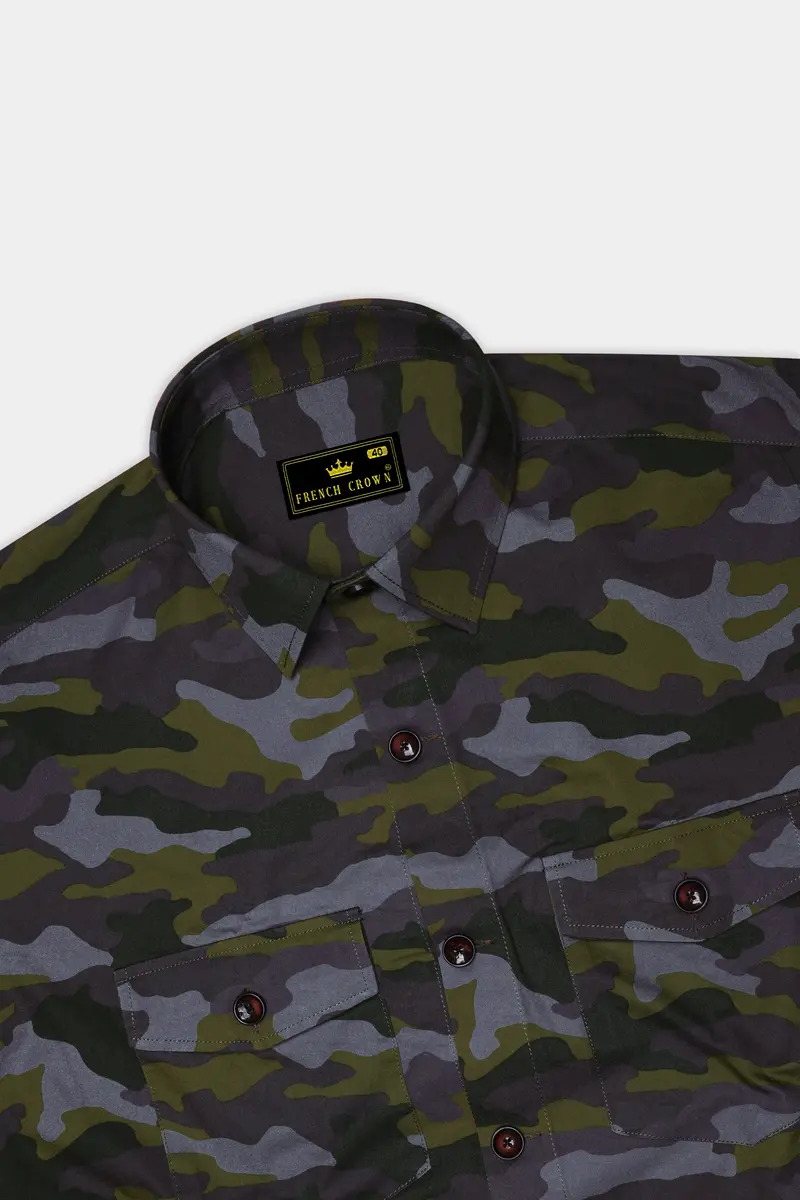 Gravel Gray With Hemlock Green Camouflage Printed Royal Oxford Designer Overshirt/Shacket 5