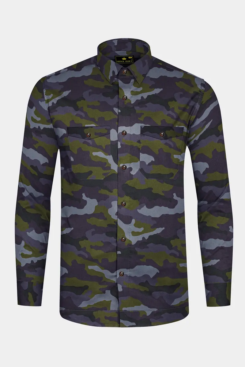 Gravel Gray With Hemlock Green Camouflage Printed Royal Oxford Designer Overshirt/Shacket 6