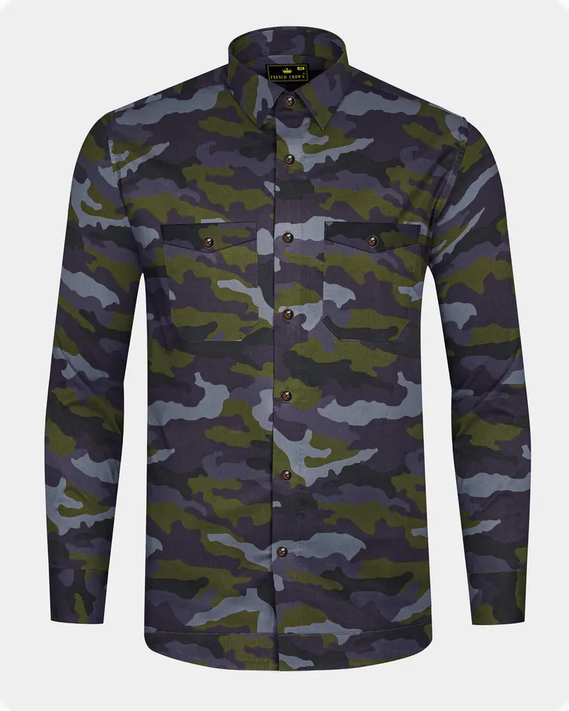 Gravel Gray With Hemlock Green Camouflage Printed Royal Oxford Designer Overshirt/Shacket 8