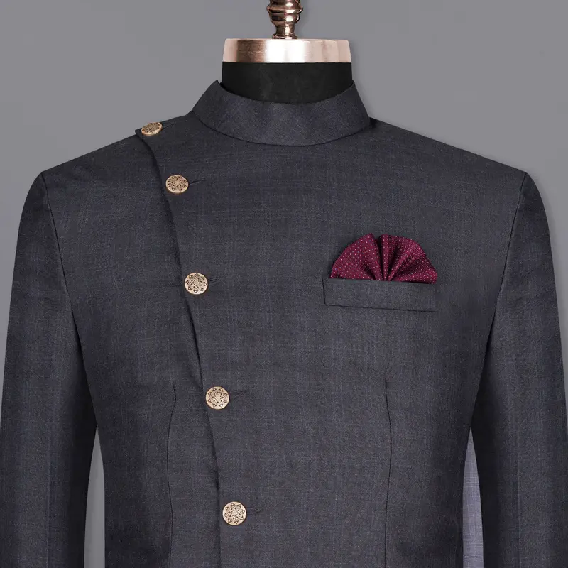 Gravel Grey Subtle Plaid Cross Placket Bandhgala Wool Rich Blazer 1
