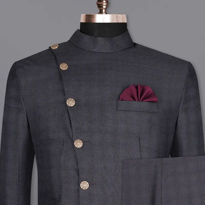 Gravel Grey Subtle Plaid Cross Placket Bandhgala Wool Rich Suit 1