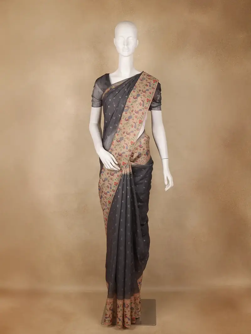Gray Buttas Woven Tissue Saree With Peacock Border 1
