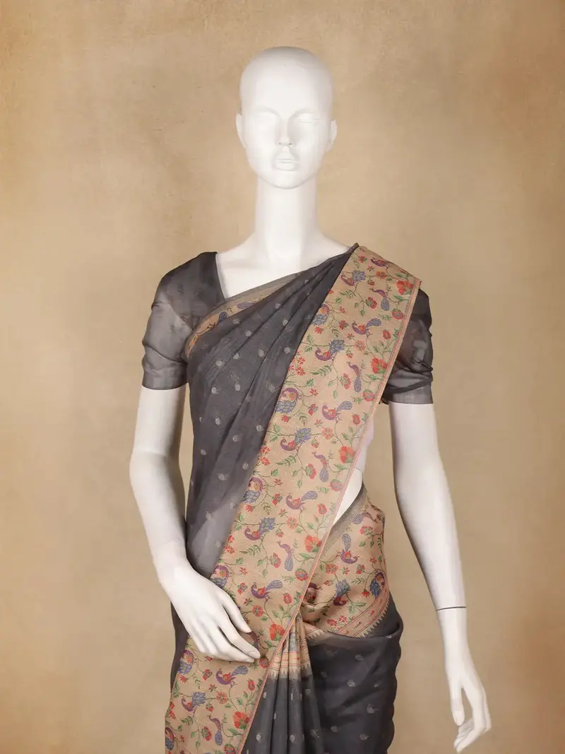 Gray Buttas Woven Tissue Saree With Peacock Border 2