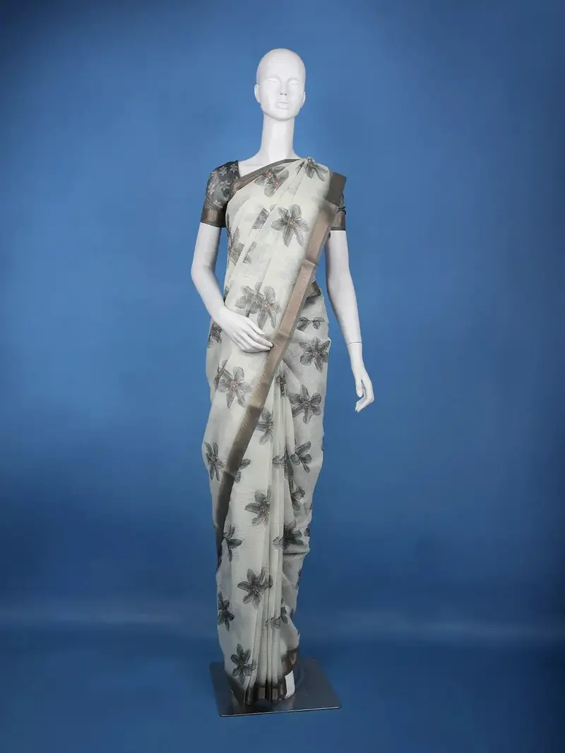 Gray Floral Printed Semi Tussar Silk Saree 1