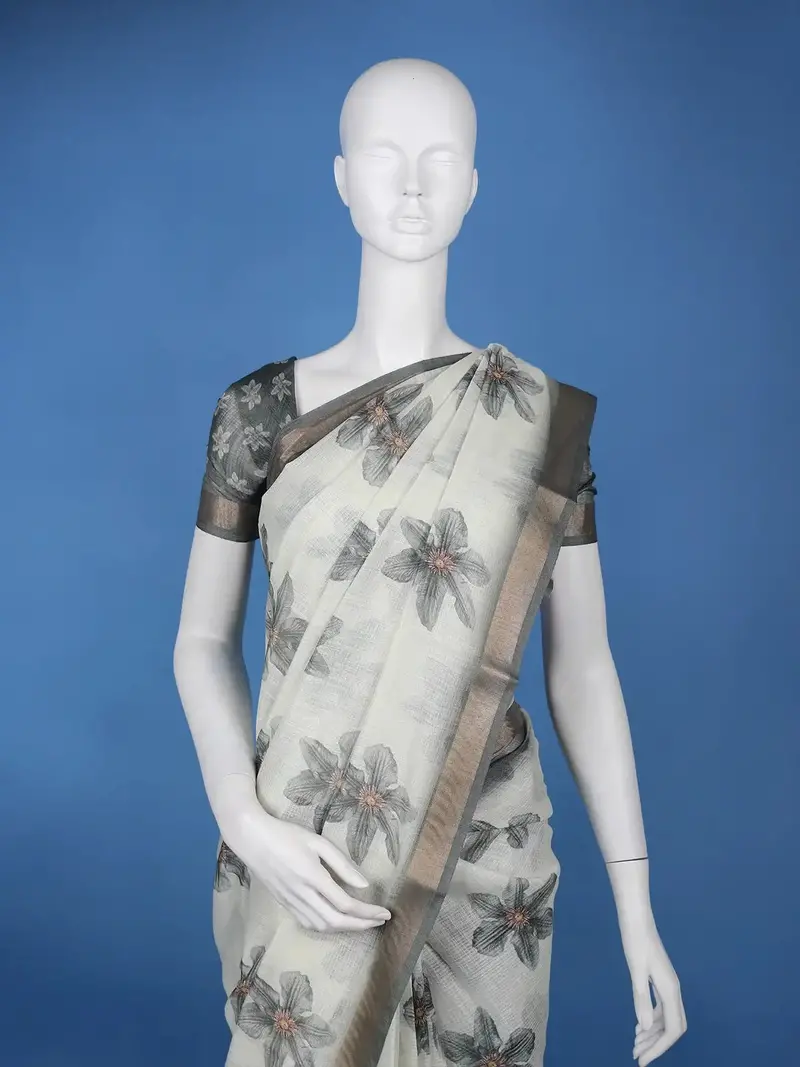 Gray Floral Printed Semi Tussar Silk Saree 2