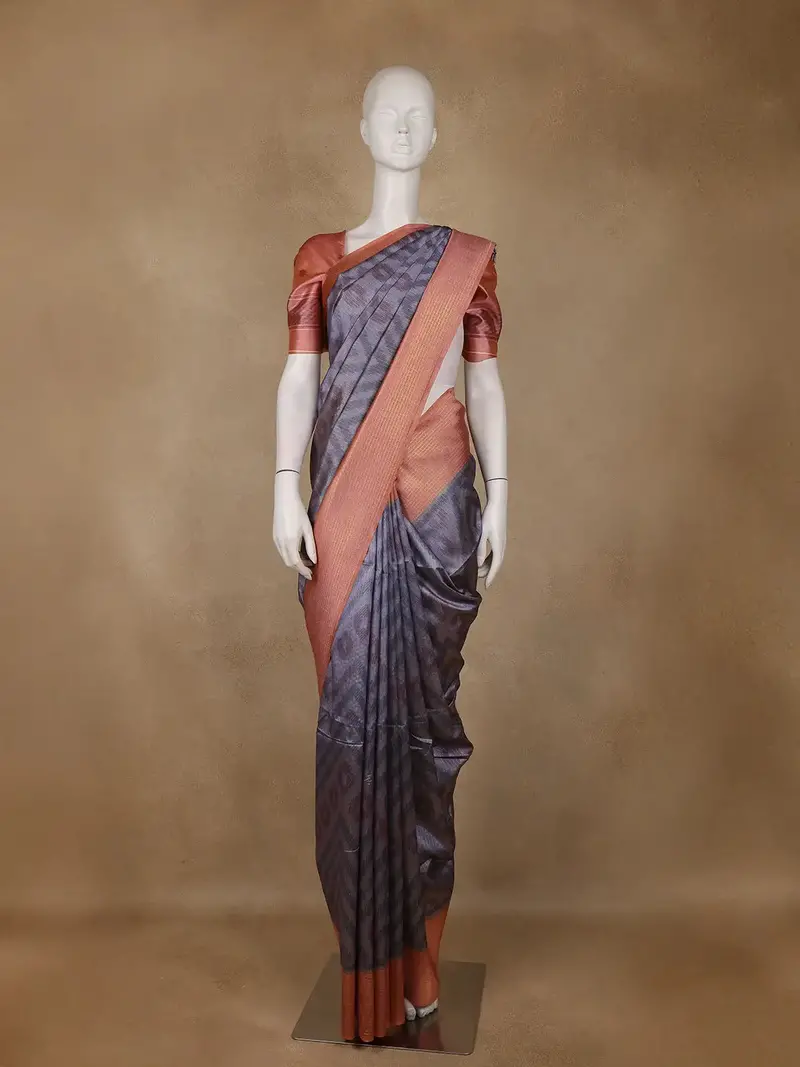Gray Zigzag Design Tussar Silk Saree With Contrast Border 1
