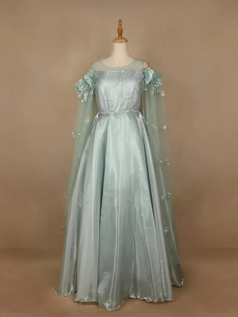 Green 3D Floral Designed Organza Party Gown 1