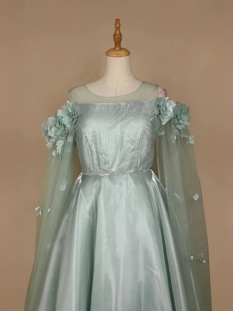 Green 3D Floral Designed Organza Party Gown 2