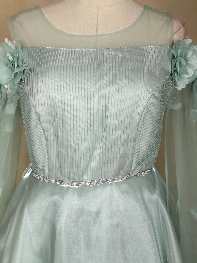 Green 3D Floral Designed Organza Party Gown 4
