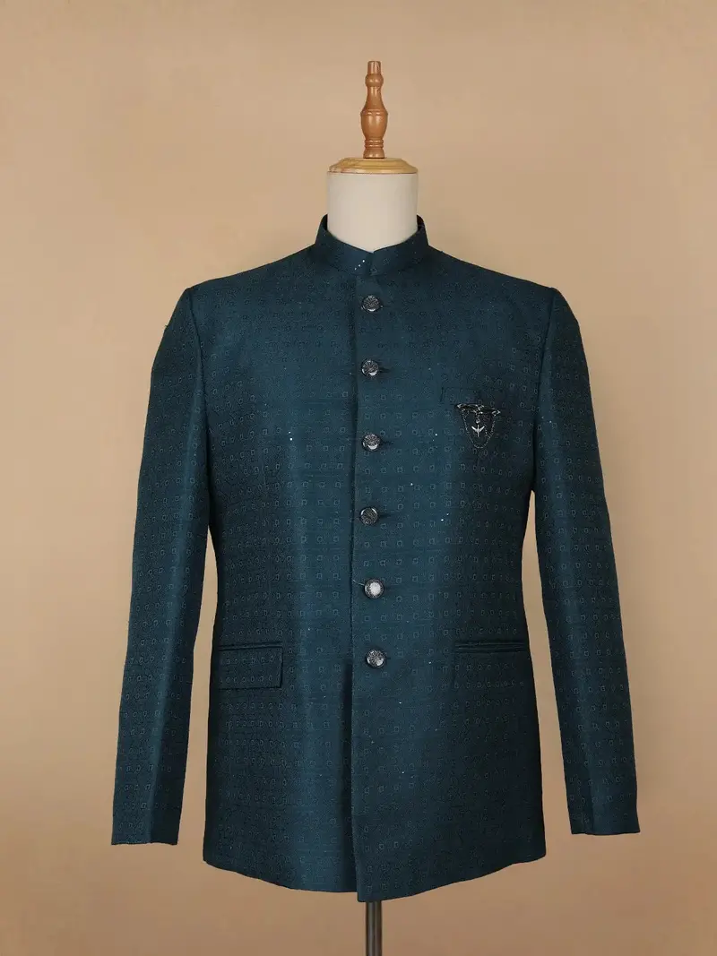Green Abstract Designed Jodhpuri Men's Suit 1
