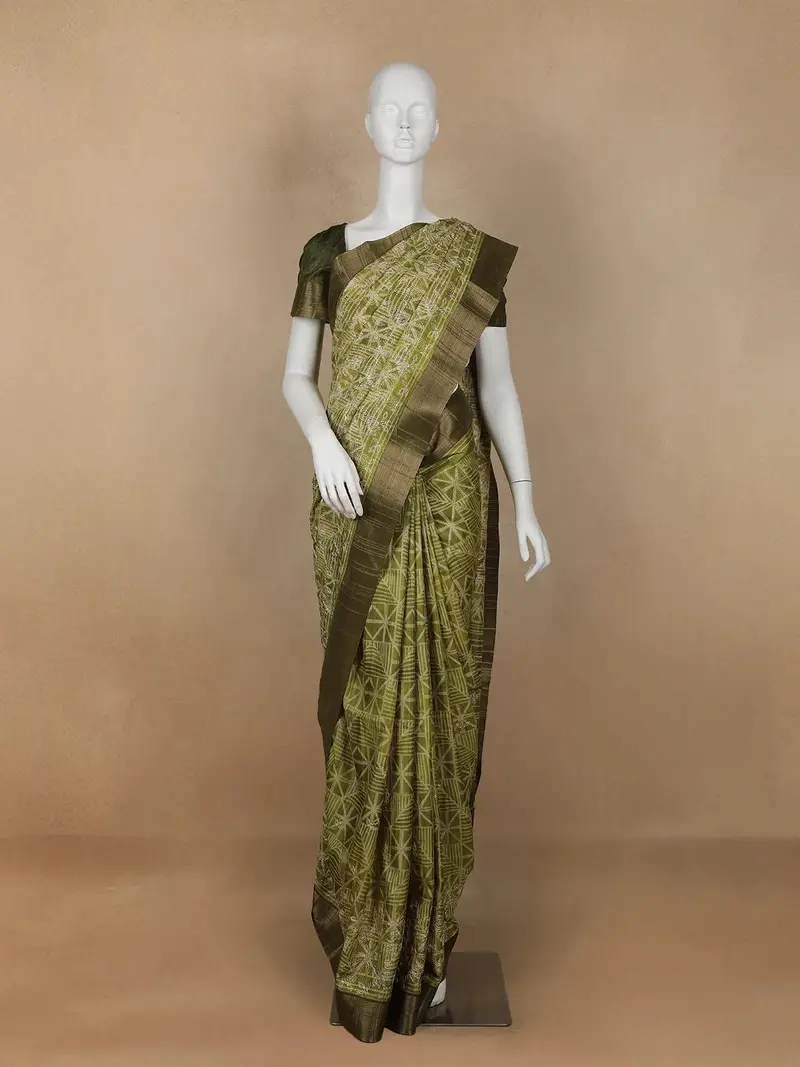 Green Abstract Designed Semi Tussar Silk Saree 1