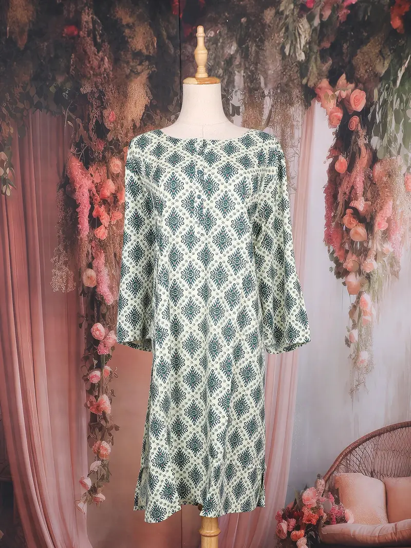 Green And Blue Geometric Printed Design Cotton Kurti 1