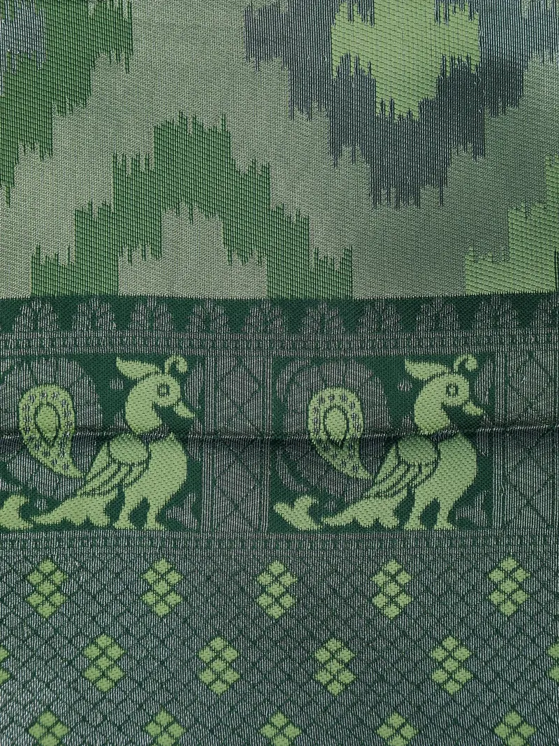 Green And Grey Ikat Design Art Silk Saree With Contrast Dark Green Embroidered Blouse 2