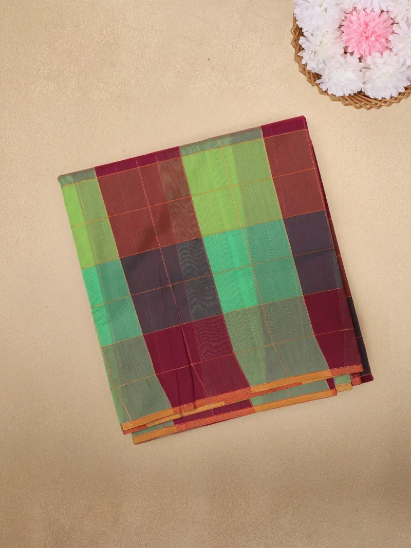 Green And Maroon Checked Design Cotton Saree With Contrast Border 1
