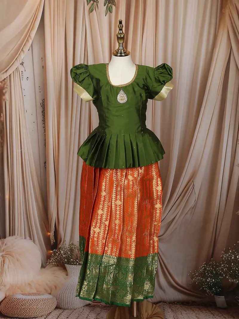 Green And Orange Zari Woven Design Art Silk Kids Pattu Pavadai 1