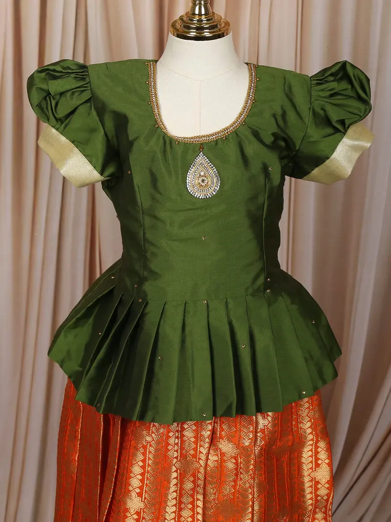 Green And Orange Zari Woven Design Art Silk Kids Pattu Pavadai 2
