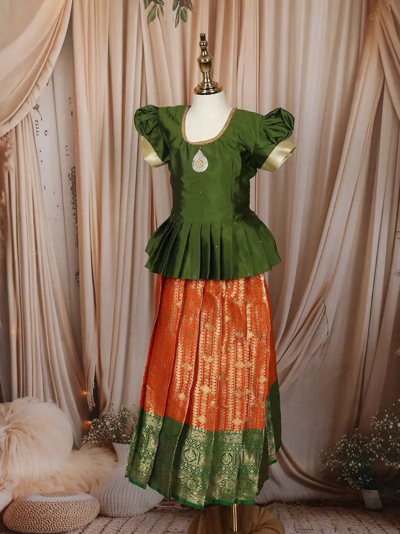 Green And Orange Zari Woven Design Art Silk Kids Pattu Pavadai 3
