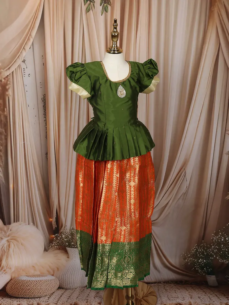 Green And Orange Zari Woven Design Art Silk Kids Pattu Pavadai 4