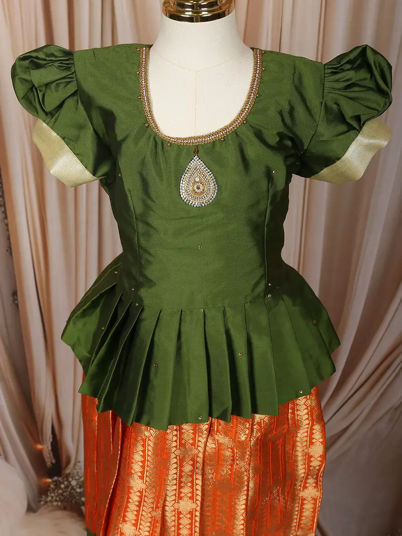 Green And Orange Zari Woven Design Art Silk Kids Pattu Pavadai 5