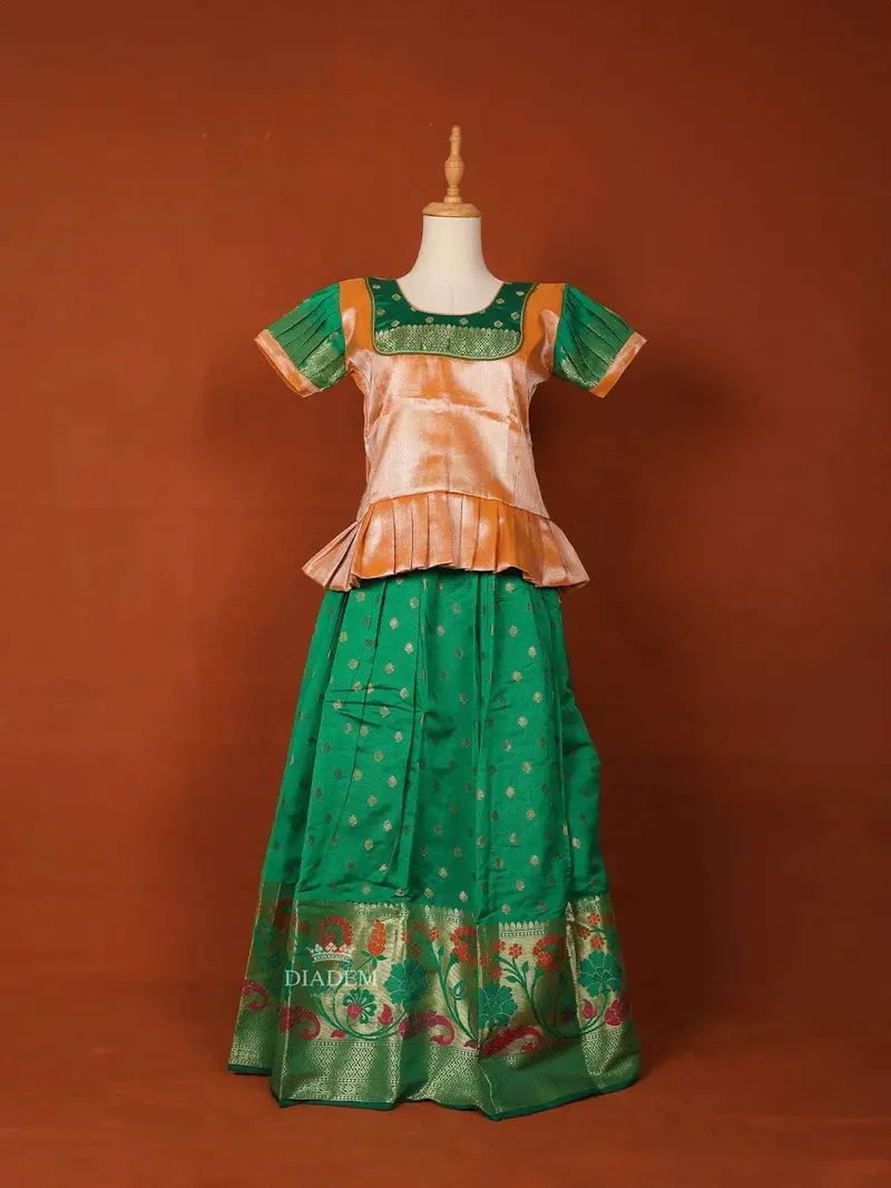 Green And Peach Silk Pattu Pavadai Set Adorned With Zariwork 1