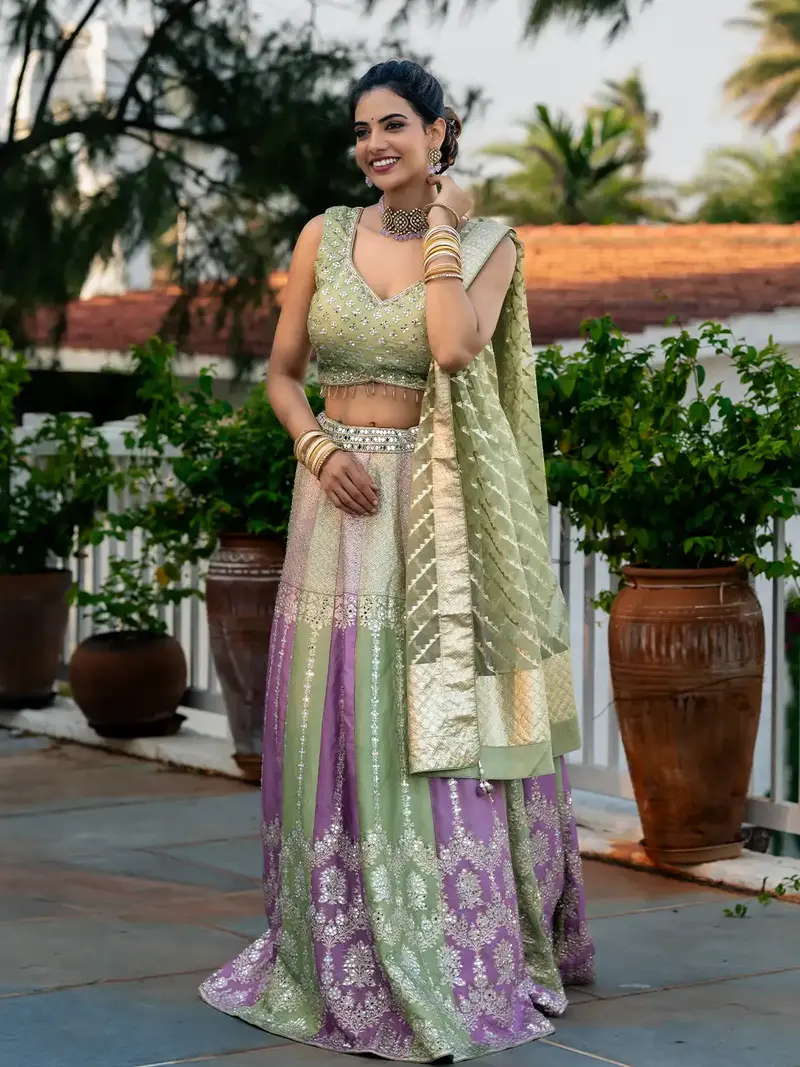 Green And Pink Floral Mirror Designed Banarasi Silk Lehenga For Bridesmaid 1
