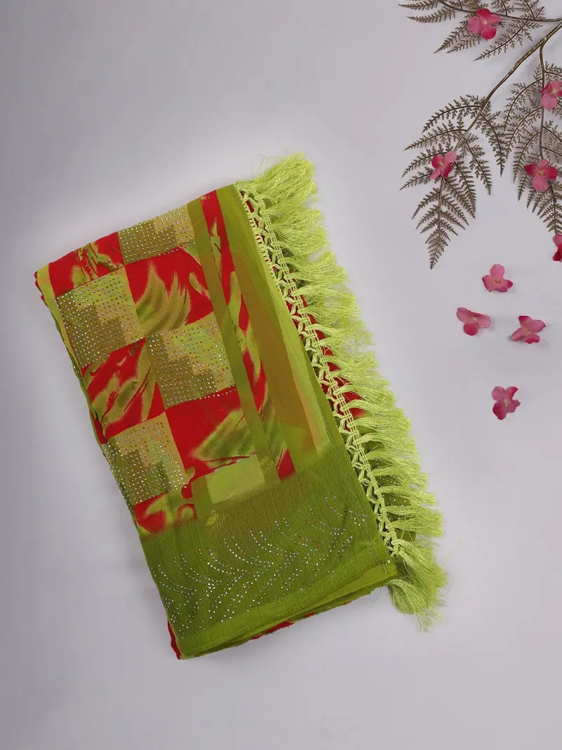 Green And Red Abstract Printed Chiffon Saree With Stone Embellished Border 1