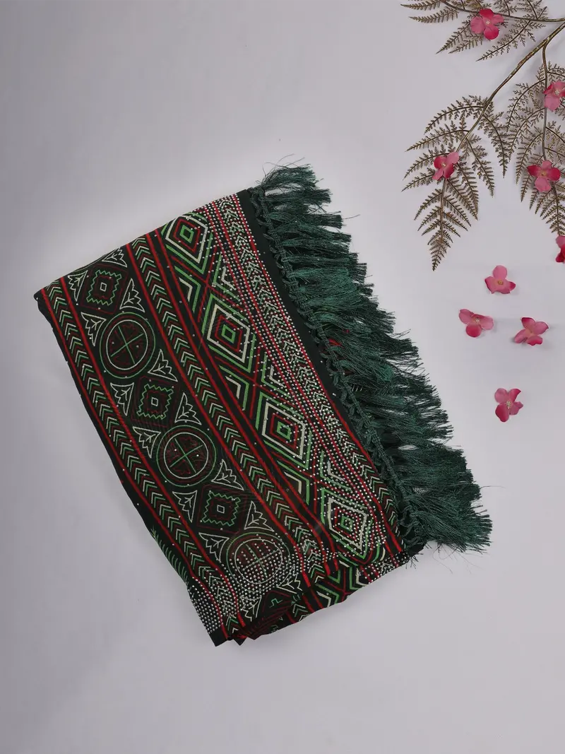Green And Red Geometric Printed Design Chiffon Saree With Stone Embellished Border 1
