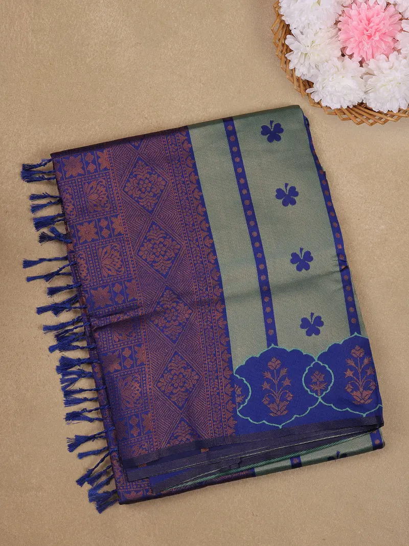 Green And Royal Blue Woven Art Silk Saree With Geometric Zari Border 1
