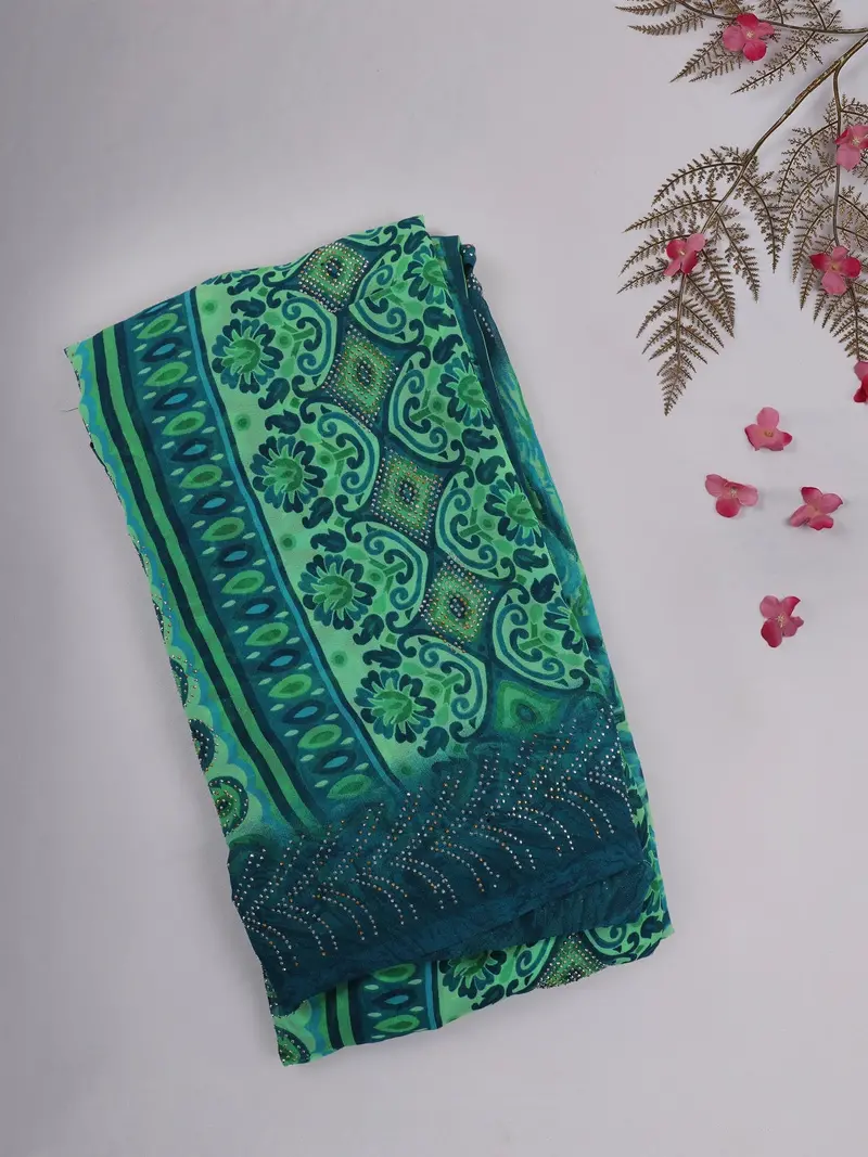 Green And Teal Floral Printed Chiffon Saree With Stone Embellished Border 1