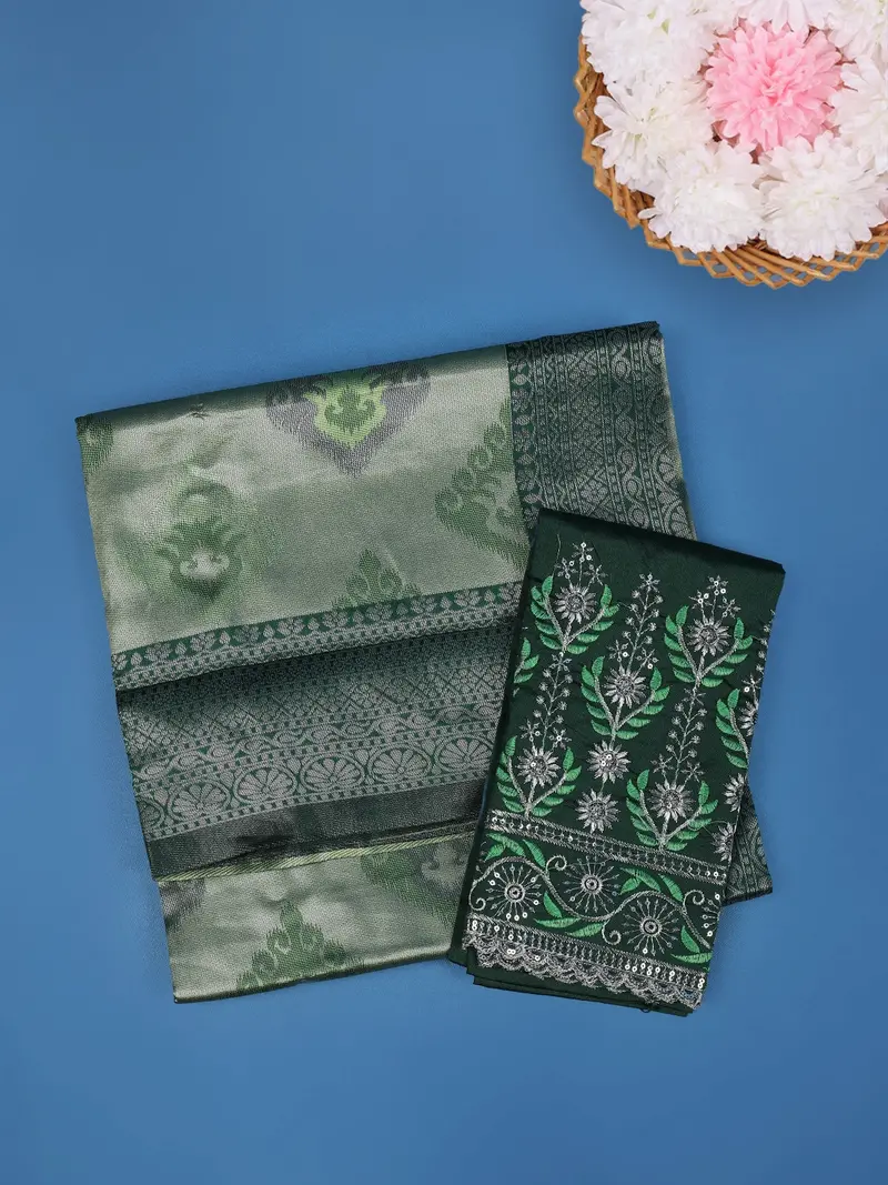 Green And Teal Ikat Design Art Silk Saree With Contrast Embroidered Blouse 1