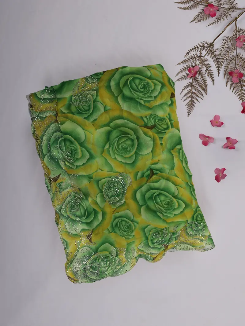 Green And Yellow Floral Printed Design Chiffon Saree 1