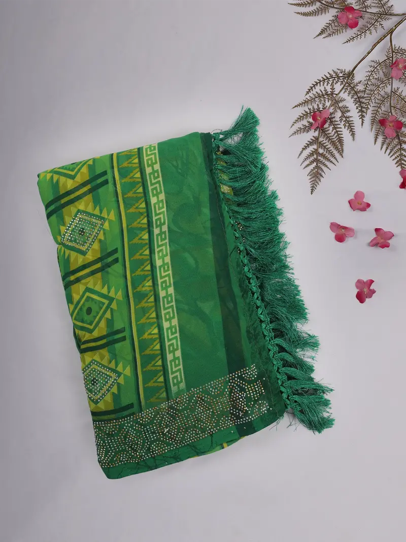 Green And Yellow Geometric Printed Design Chiffon Saree With Stone Embellished Border 1