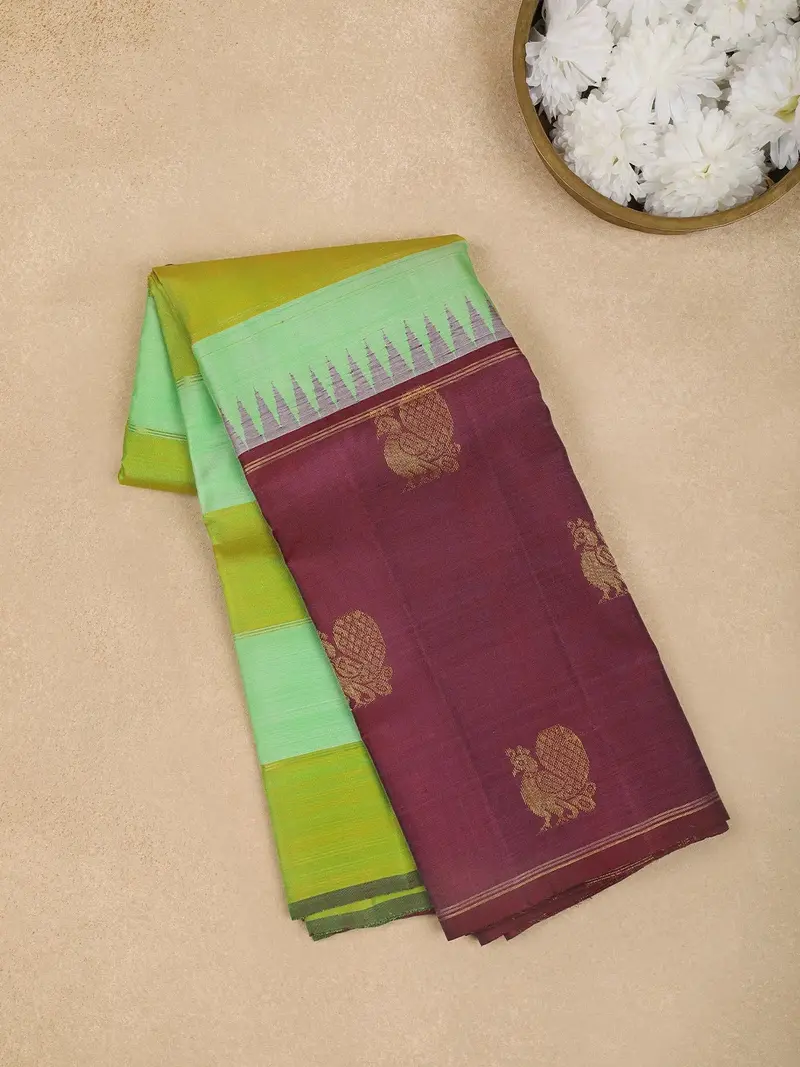 Green And Yellow Stripes Woven Pure Kanchipuram Silk Saree 1