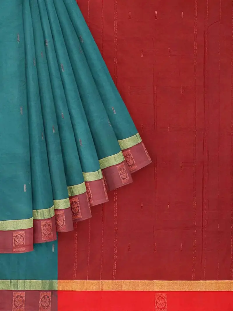 Green Arani Silk Saree With Zari Butta On The Body And Contrast Border 1
