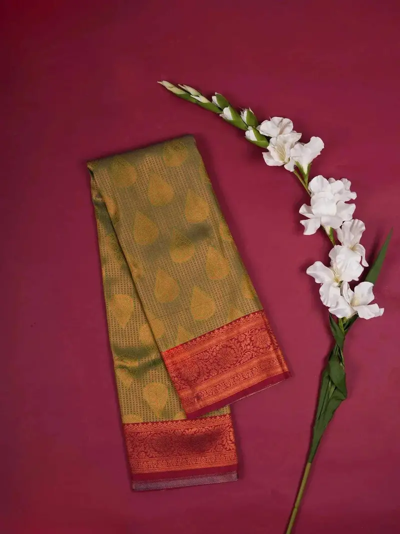 Green Art Silk Saree With Floral And Stripes Design On The Body With Contrast Designed Border 1