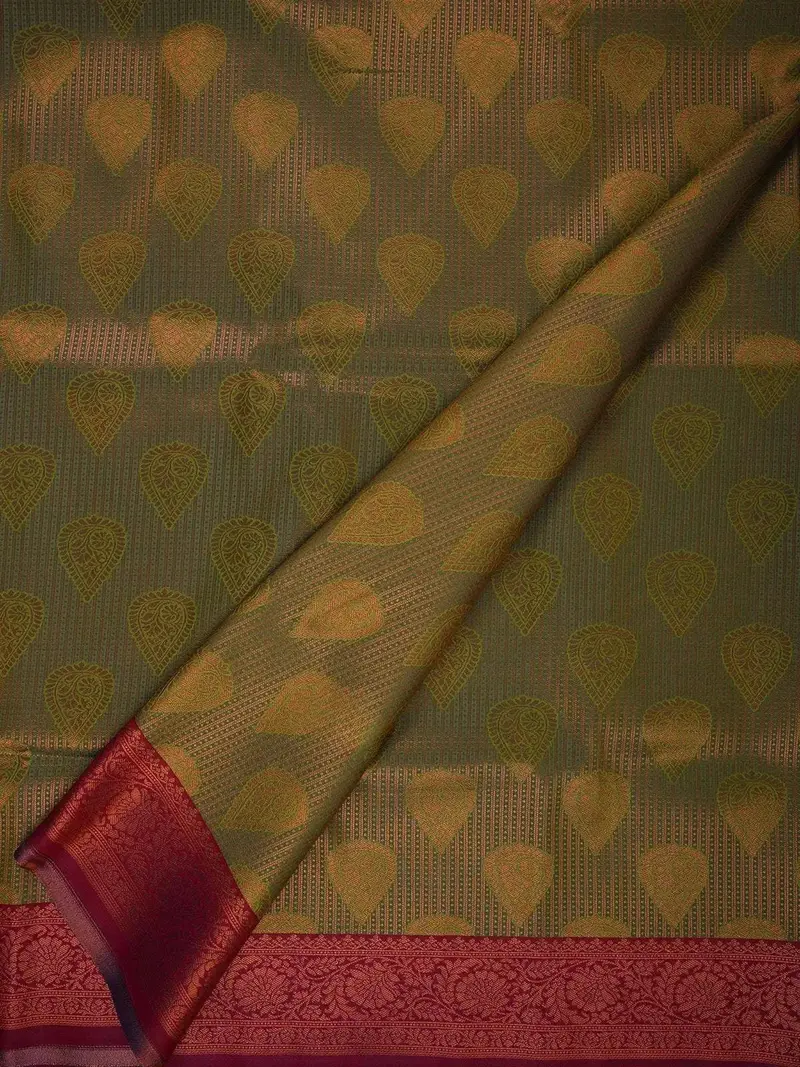 Green Art Silk Saree With Floral And Stripes Design On The Body With Contrast Designed Border 2