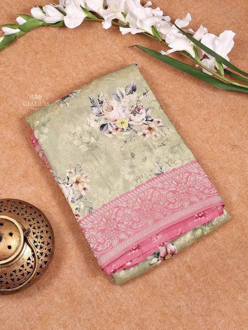 Green Banarasi Saree With Floral Jacquard Design On The Body And Contrast Border 1