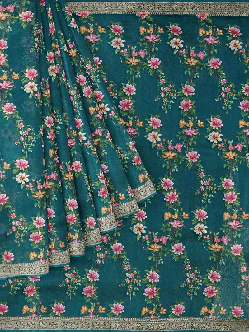 Green Chanderi Silk Saree With Floral Prints On The Body And Thread Border 1