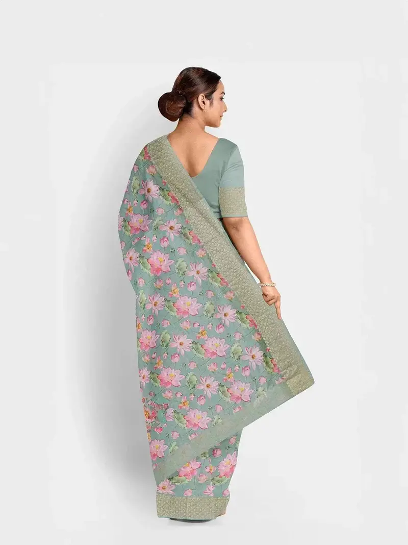 Green Chanderi Silk Saree With Floral Prints On The Body And Zari Border 2