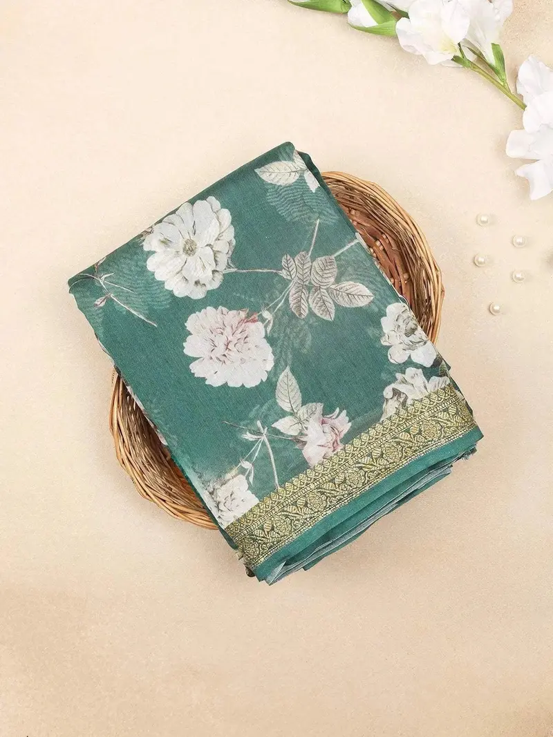 Green Chanderi Silk Saree With Flower Design On The Body With Designed Border 1