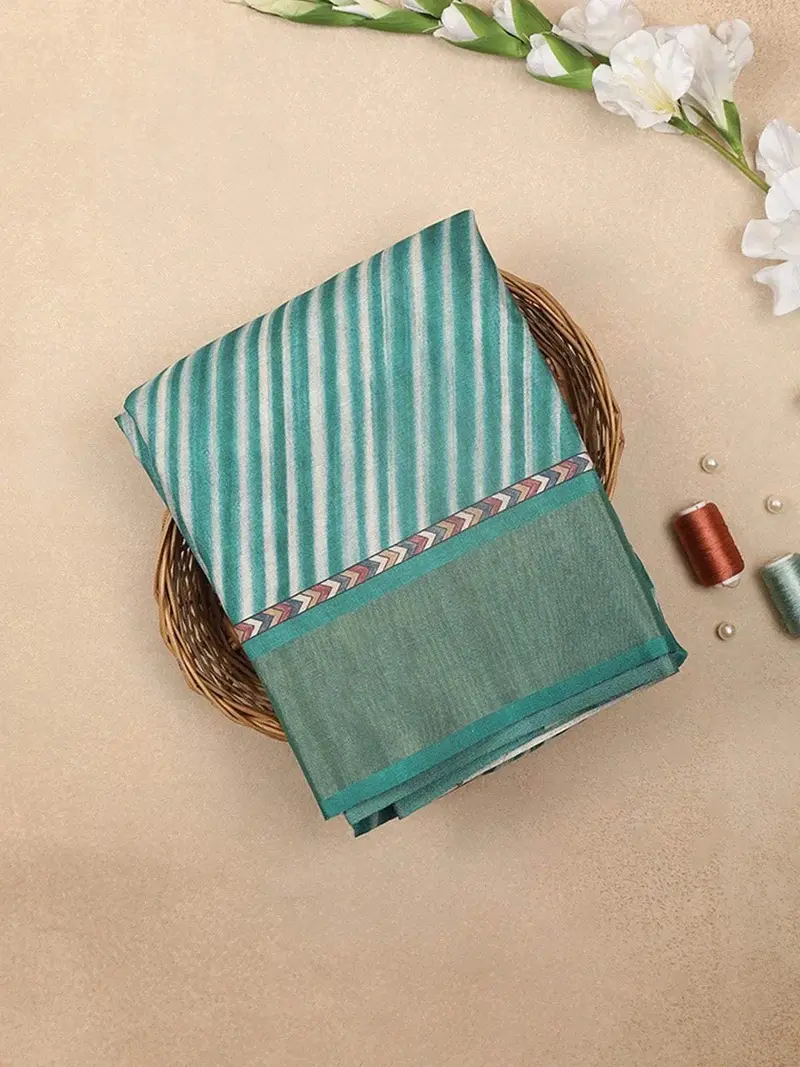 Green Chanderi Silk Saree With Stipes Design On The Body With Matching Border 1