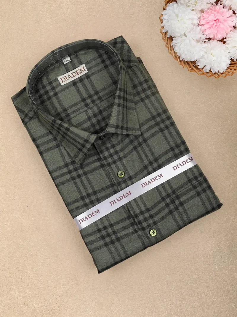 Green Checked Design Cotton Formal Wear Full Sleeve Men Shirt 1