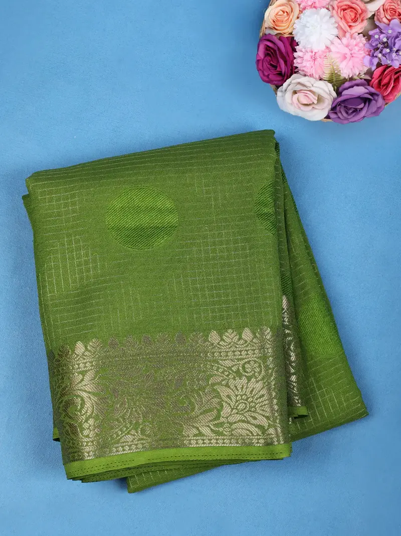 Green Checked Design Mysore Silk Saree 1