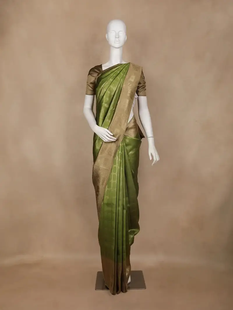 Green Checked Design Semi Tissue Silk Saree 1